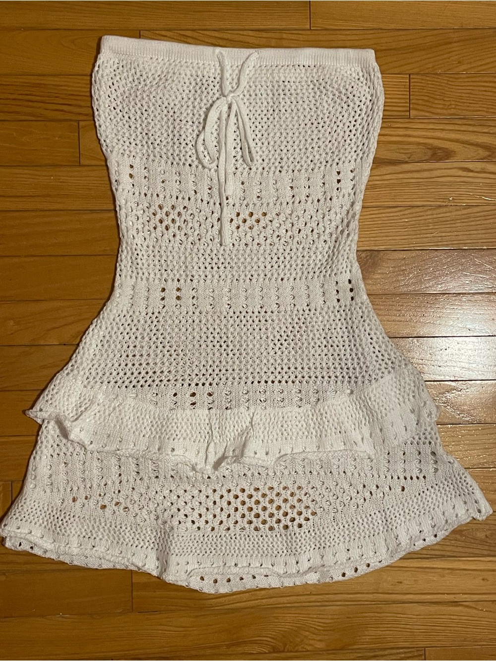 Coastal SummerBeachwear Coverup White Crochet Strapless Dress with Ruffle Hem